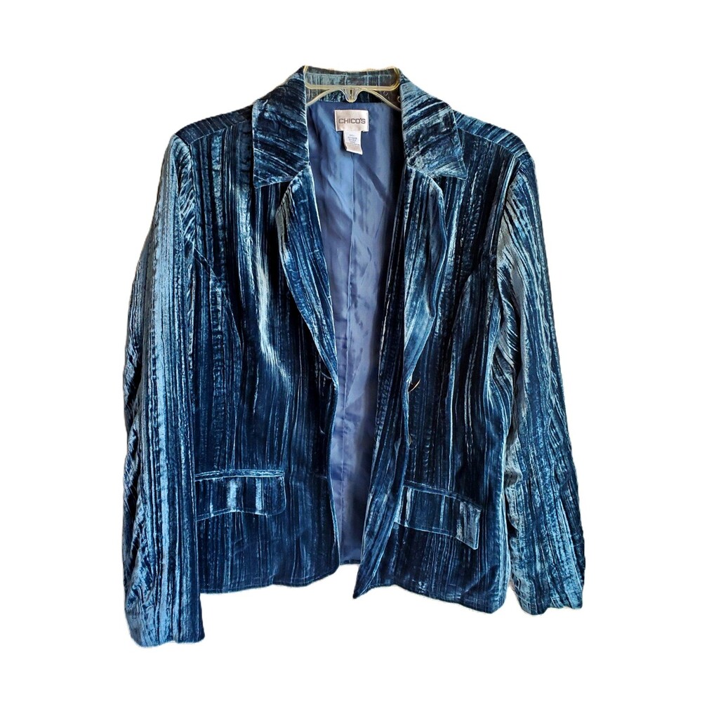 Chicos Size 1 Teal Textured Velvet Silk Rayon Jacket Artsy Buttons Romantic 8